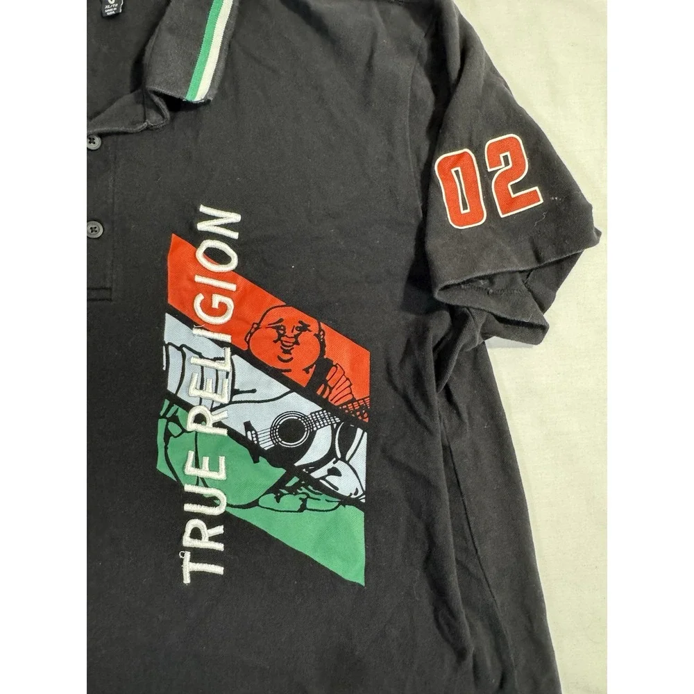 True Religion Men SZ XL Polo Sport Shirt Black Graphic Short Sleeve Logo